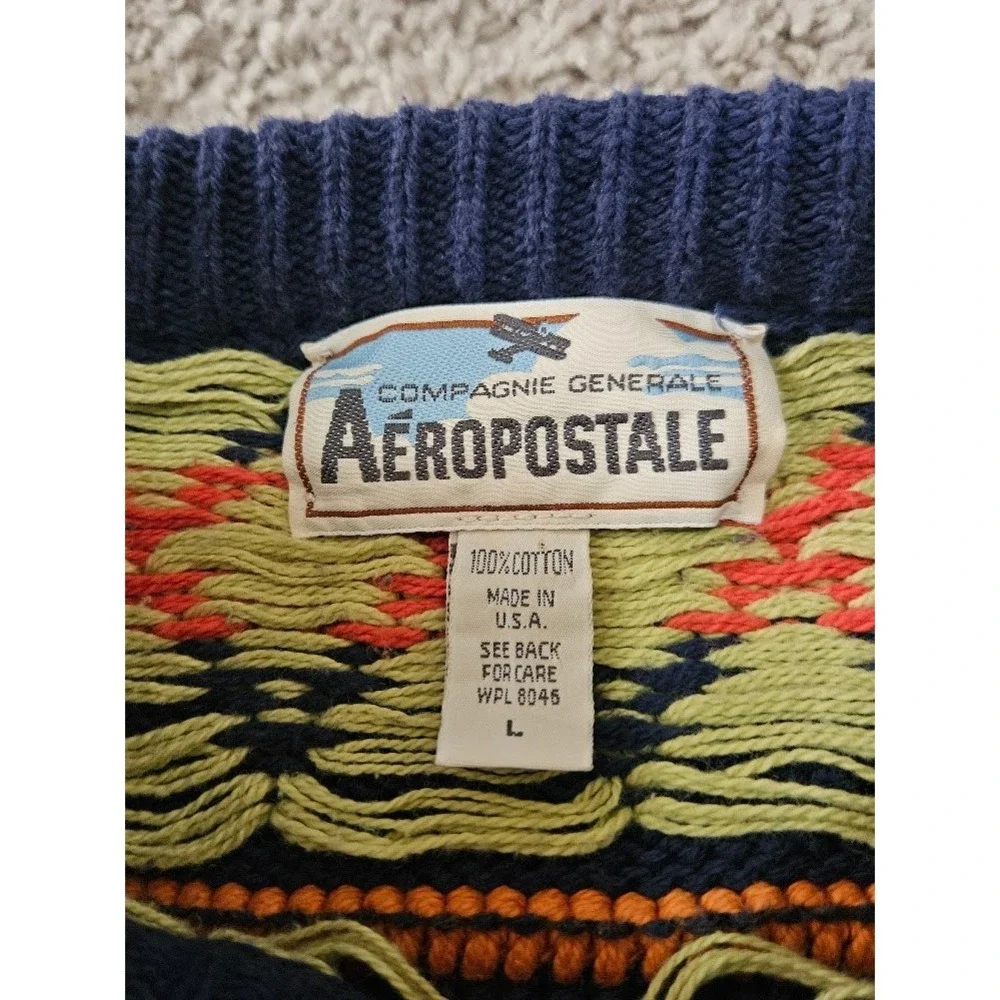 Vintage Aeropostale Men Large Cotton Geometric Southwestern Knit Sweater USA 90s
